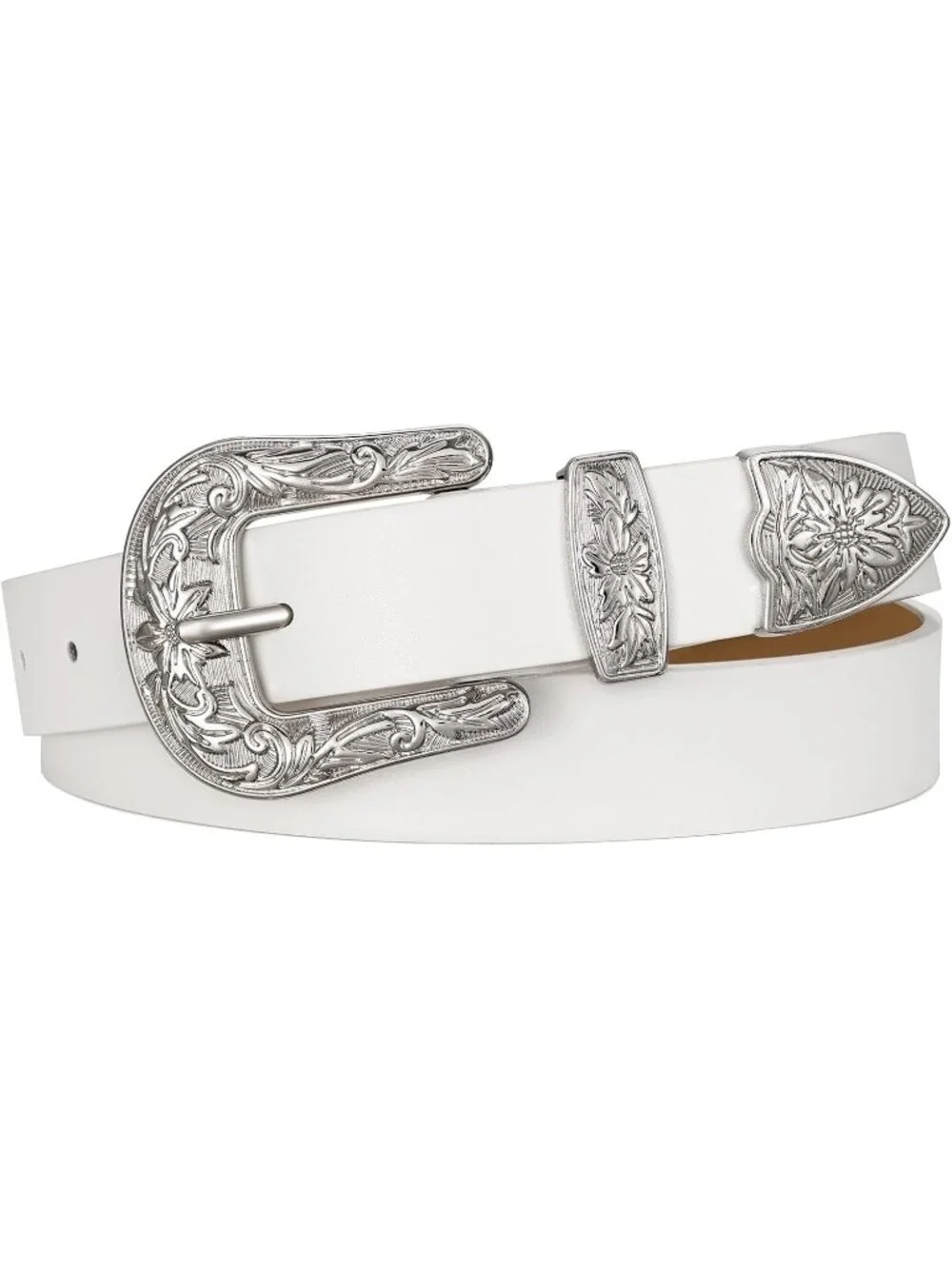 Women White With Shinning Buckle Leather Belt Vintage Western Design Waist Belt